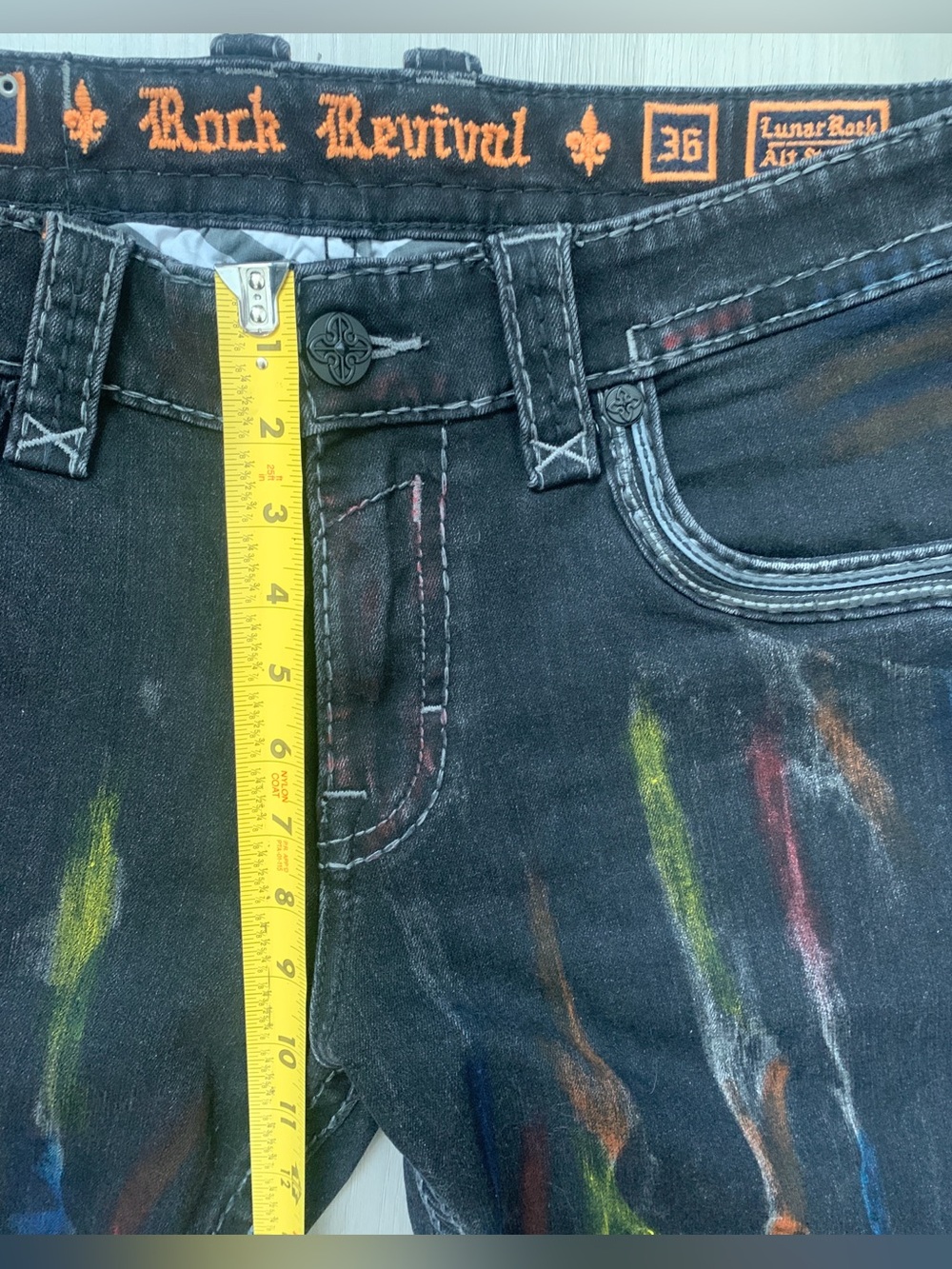 Rock Revival Lunar Rock Alt Straight Men’s Black Jeans with Multicolor Streaks - Picture 14 of 16